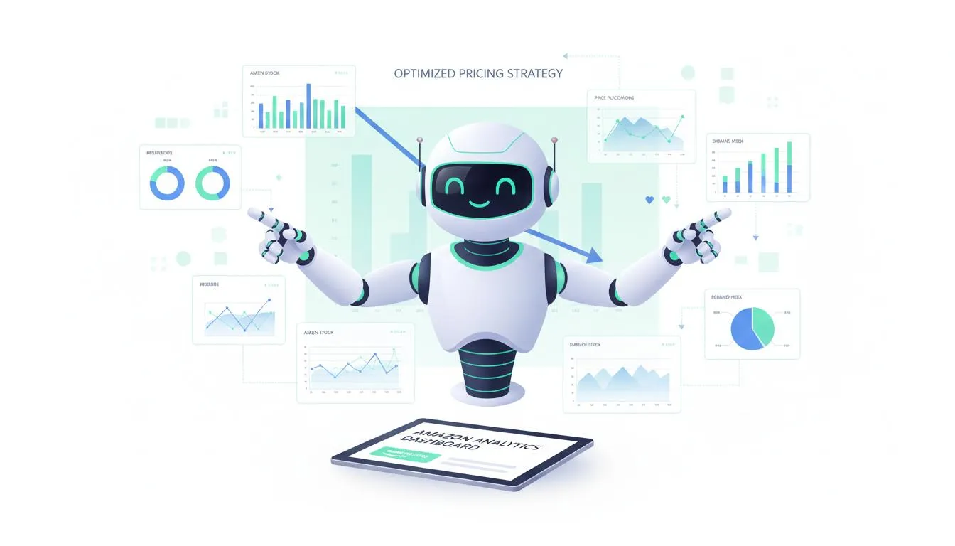 Friendly AI robot analyzing Amazon pricing data and charts