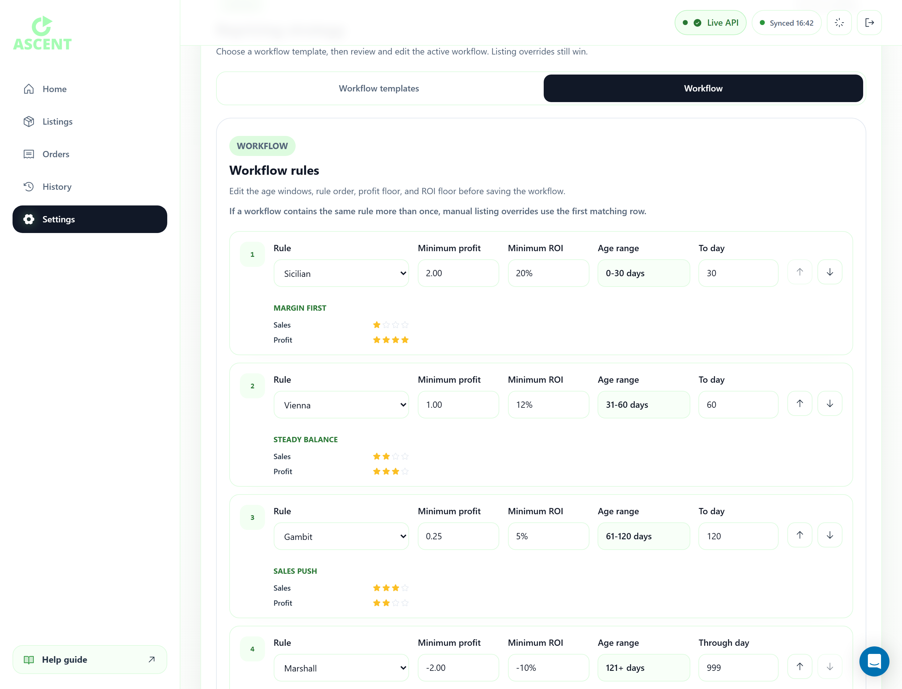 Ascent dashboard Settings page showing workflow templates and custom workflow rows
